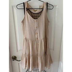 Indigo Rose Beige Boho Mini Dress Button Front Tiered Gauze Sz Small EUC Neutral